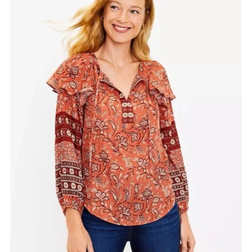 LOFT Bouquet Ruffle Tie Neck Blouse‎ in Auburn Lightweight Women's Sz PS